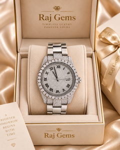 นาฬิกาข้อมือควอตซ์หรูหรา Raj Gems หน้าปัดเพชร ตัวเลขโรมัน สายสแตนเลส กันน้ำ คุณภาพสูง แสดงวันที่ ขนาด 41 มม. - Product Image 1
