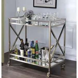 Carrito de Bebidas de Metal de Lujo para Hoteles, Carrito de Bar Moderno con Estantes de Vidrio, Elegante Carrito de Servicio para Hoteles, Carrito de Bar Plateado para el Hogar - Product Image 4
