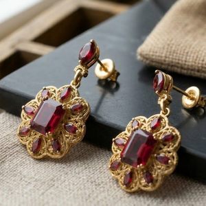 Boucles d'oreilles élégantes en forme de goutte d'eau rouge, argent sterling 925 plaqué or 18 carats, 4 pouces, bijoux faits à la main, cadeau pour elle - Product Image 1