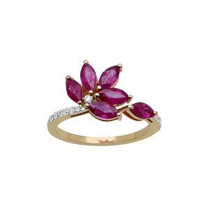 Bague florale en or jaune 14 carats avec rubis naturel et diamants pour femme |   Bijoux en pierres précieuses de coupe marquise, vente en gros, OEM, ODM - Product Image 1