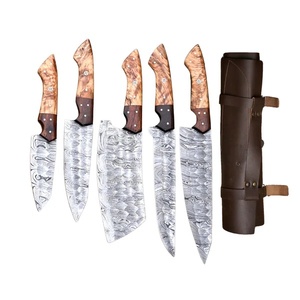 A&M Enterprises Handmade Damascus Steel Chef <b>Knife</b> <b>Set</b> Blades Five-Piece Wood Handle Ambidextrous Leather Sheath Survival <b>Knives</b> - Product Image 1