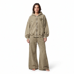 Ensemble de survêtement femme délavé à l'acide, couleur unie, coupe décontractée, avec sweat à capuche zippé à manches longues et épaules tombantes, et pantalon de jogging évasé à jambes larges - Product Image 5