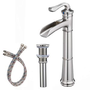 Rubinetto da bagno a manico singolo a cascata a foro singolo nichel spazzolato con gruppo di scarico a scomparsa - Product Image 1
