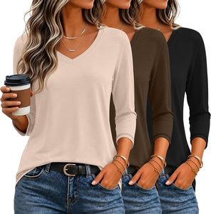 T-shirt à manches trois quarts pour femme, col en V, en coton, coupe décontractée - Product Image 2