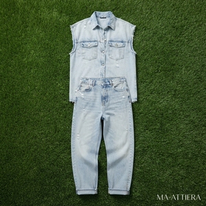 Women Light Blue Denim <b>Shirt</b> And Jeans Set Sleeveless Button <b>Shirt</b> Casual Two Piece Matching Outfit Streetwear Fashion - Product Image 5