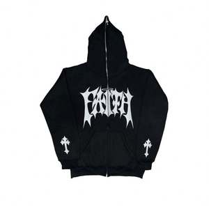 Micah Corporation Custom New Gothic <b>Zip</b>-<b>Up</b> Unisex Black Cotton Knitted Oversized Winter Hoodie <b>White</b> Letter Logo Cross Print - Product Image 1