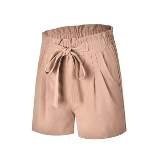 High Waist Cotton <b>Shorts</b> With Drawstring Closure And Pockets Casual Loose Fit <b>For</b> <b>Women</b> Solid Color Breathable Style - Product Image 1