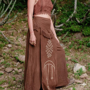 Jupe longue bohème à nouer, taille haute, imprimé géométrique, détails à pampilles, en lin et coton, longueur ras du sol, pour femme, toutes saisons - Product Image 1