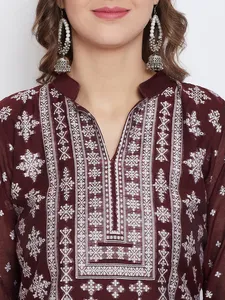 "Premium Maroon <b>Chikankari</b> Woven Unstitched Dress Material – 3 Piece Lucknowi Hand Embroidered <b>Suit</b> Set for Women - Product Image 4