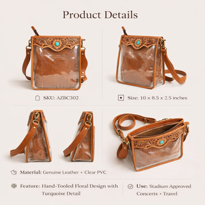 Bolso bandolera transparente para estadio con solapa floral de cuero repujado |   Bolso Transparente Estilo Western Turquesa para Conciertos |   Bolso Tote con Correa para el Hombro para Mujer - Product Image 6