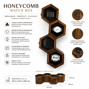 Boîte à montres en bois nid d'abeille de luxe pour 4 montres |   Boîte de rangement hexagonale en bois de rose indien |   Cadeau de rangement haut de gamme pour hommes - Product Image 6