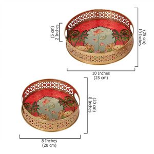 Juego de 2 Bandejas Decorativas Metálicas Tradicionales con Diseño Floral Redondo y Asas Artesanales de Metal, 8 y 10 Pulgadas - Product Image 2