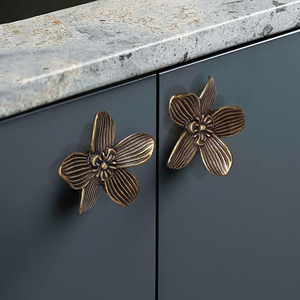 Brushed <b>Gold</b> Flower Cabinet Knobs, Vintage Floral <b>Drawer</b> <b>Pulls</b> – Decorative Dresser Handles for Furniture Knobs - Product Image 4