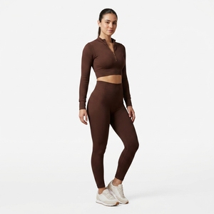 <b>Women</b> Ribbed <b>Quarter</b>-<b>Zip</b> Crop Top High Waist Full Length Leggings 2 Piece Yoga Set Solid Color Activewear Workout Wear - Product Image 1