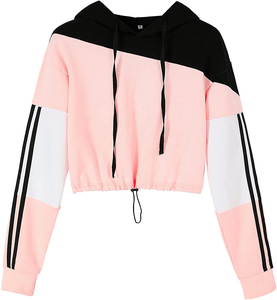 Sweat-shirt à capuche court à manches longues pour femme avec blocs de couleurs et cordon de serrage - Product Image 3