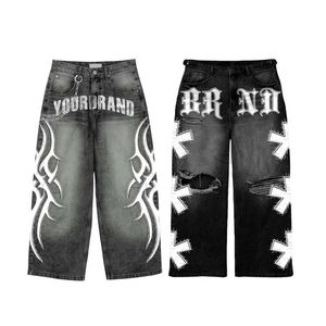 Pantalones Vaqueros Personalizados con Doble Cinturón, Pintados a Mano, Estilo Urbano, Lavado Vintage, Diseño Artístico, Tela de Algodón Premium - Product Image 3