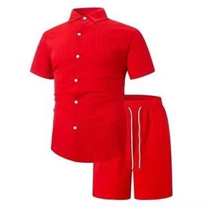 Ensemble T-shirt et short décontracté en velours côtelé pour homme, couleur unie, deux pièces, avec logo personnalisé, collection été 2026 - Product Image 3