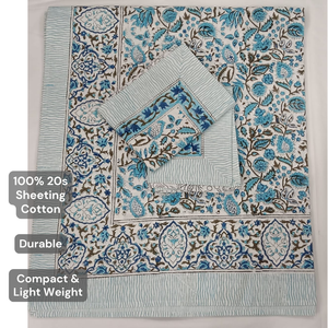 Jaipur Hand <b>Block</b> Printed Pure Cotton Indian Boho White <b>Bed</b> Sheet Set King Size Non Toxic Dyes Sustainable Flowers Hospital - Product Image 4