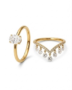 Anillo de compromiso de oro macizo de 14K con diamante ovalado cultivado en laboratorio, conjunto con banda de boda colgante de flecos en chevron y anillos apilables de gota para ella - Product Image 5