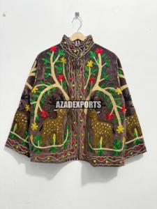 Hand Embroidered <b>Velvet</b> <b>Jacket</b> With Deer And Tree Pattern Mandarin Collar Full Sleeve Women's Winter Coat - Product Image 3