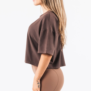 Camiseta Corta Oversize de Cuello Redondo para Mujer Massfit, Color Sólido, Ajuste Holgado, Manga Corta, Tejido de Algodón, Casual, Transpirable, Plisada - Product Image 4