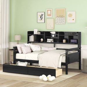 Espresso Twin Size Daybed with Wood Slat Support <b>Bedside</b> <b>Shelves</b> Two Drawers - Product Image 1