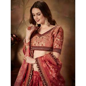 Ensemble Lehenga Choli en organza imprimé marron majestueux pour femmes grandes tailles - Product Image 4