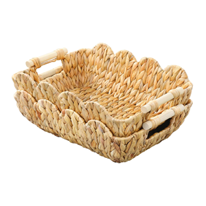 Premium Scalloped Water Hyacinth Storage Basket With Wooden Handles, Handwoven Decorative Organizer Box Wholesale From Vietnam - Product Image 1