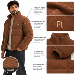 Vestes matelassées en velours côtelé pour hommes avec logo brodé, col montant, fermeture éclair, manteau d'hiver décontracté épais et chaud, vente en gros OEM USA - Product Image 5