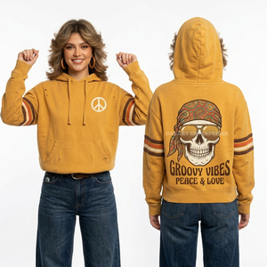 Sudadera con Capucha Retro Años 70, Estilo Groovy, 350GSM, Amarillo Mostaza, Estampado de Signo de la Paz, Sudadera Vintage con Gráfico de Calavera y Bandana para Mujer, Venta al Por Mayor - Product Image 1