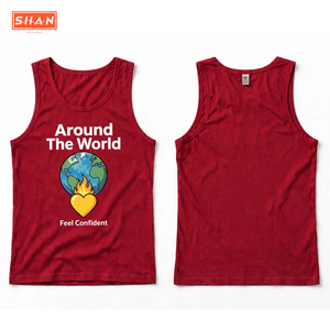 เสื้อกล้ามผู้ชายสีแดงลายกราฟิกท่องโลก แบรนด์ SHAN เนื้อผ้าฝ้าย ระบายอากาศดี สวมใส่สบาย คอกลม แขนกุด เสื้อยืดผู้ชาย - Product Image 1