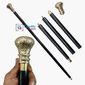 Canne de marche en bois noir à 3 sections, avec poignée à bouton en laiton poli de haute qualité, design Art Déco, pour messieurs, pour le camping et la randonnée en extérieur - Product Image 2