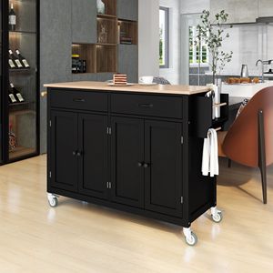 Carrello da Cucina con Piano in Legno Massello da 54,3 Pollici, 4 Ante, Due Cassetti, Portaspezie, Portasciugamani e Ruote Bloccabili - Product Image 1