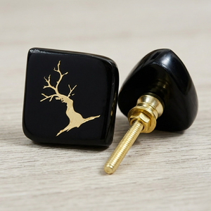 Decorative Black Square Resin Cabinet Knob with <b>Gold</b> Tree Design Modern <b>Drawer</b> <b>Pull</b> with Brass Fitting for Furniture and Cabinet - Product Image 1