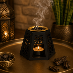 Brûleur Mabkhara en bois sculpté de designer avec bol en laiton, porte-encens Oud Bakhoor, encensoir à charbon, accessoire d'aromathérapie arabe pour la maison - Product Image 1
