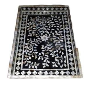 Plateau d'incrustation d'os bleu et blanc fait à la main Plateau de rangement en bois de haute qualité pour la maison et l'hôtel Motif rond personnalisé - Product Image 3