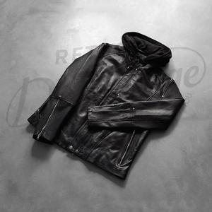 Blouson de motard tactique noir en cuir véritable pour homme avec triple poche poitrine, style course, en cuir de vachette véritable, à capuche, vente en gros - Product Image 1