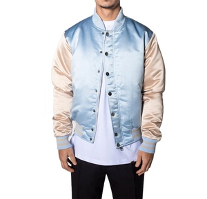 Veste de sport en satin bleu clair pour homme avec manches beiges, col montant, fermeture à boutons, vêtement décontracté pour le printemps - Product Image 6