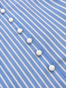 ODM OEM Women's Blue Striped Cap Sleeve Mini Dress <b>Drop</b> Waist Pleated Hem <b>Stand</b> Neck Bow Front Button Shirt Breathable Worsted - Product Image 5
