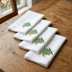 Custom Wholesale Embroidery Fern Leaf Classic Square Dinner Napkin Machine Washable Hemstitch <b>Linen</b> <b>Table</b> Napkin Durable Home - Product Image 1