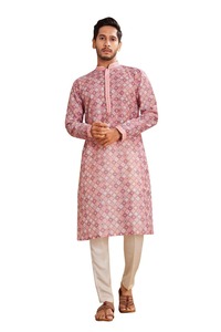 Traditional Casual Wear <b>Men's</b> Pink Printed Cotton <b>Kurta</b> Regular Fit Ankle-Length India Pakistan Style <b>Kurta</b> for <b>Mens</b> - Product Image 3