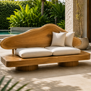 Canapé ARTERRA de luxe écologique en teck durable, rembourré de mousse, semi-circulaire, recouvert de tissu, moderne, trois places, sans accoudoirs, pour salon - Product Image 6