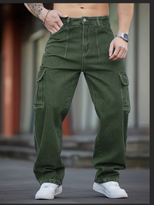 Jean cargo délavé bleu marine pour homme – Coupe droite décontractée, multi-poches, respirant et écologique – Convient à tous - Product Image 3