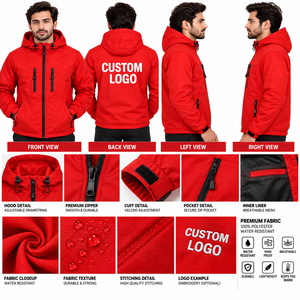 Men's <b>Red</b> <b>Hooded</b> Waterproof Knitted Winter <b>Jacket</b> Full Sleeve Solid Color Zipper Closure Casual Style Regular Fit Midweight - Product Image 6