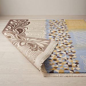 Tapis en laine géométrique botanique marron, moutarde et bleu, à motifs de panneaux mixtes, motifs de feuilles et design de lignes entrelacées, antidérapant - Product Image 5