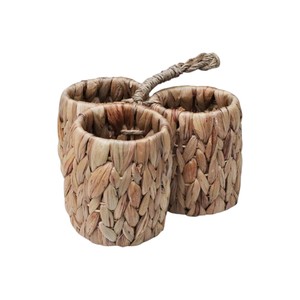 Handmade Water Hyacinth Tableware Caddy 3 Slot <b>Wicker</b> Spice Condiment Holder <b>Basket</b> with <b>Handle</b> Trim For Restaurant Catering - Product Image 1