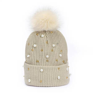 Womens Pearl Rhinestone Knit <b>Beanie</b> Hat <b>with</b> Faux Fur <b>Pom</b> <b>Pom</b> Winter Warm Cuffed Cap - Product Image 5