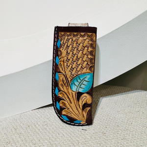 Deslizamiento de cuero hecho a mano personalizado para estuche de clip de cuchillo plegable funda de cuchillo floral turquesa occidental funda de trampero de cinturón superior abierto - Product Image 2