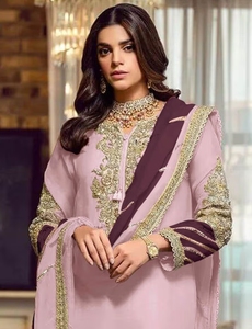 Kurta semisellada de georgette rosa KV con adornos, con pantalón y dupatta (Conjunto de 3 piezas) - Product Image 5