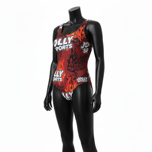 Maillot de bain femme en polyester et élasthanne premium, tissu extensible doux 200 GSM, imprimé flamme rouge, sublimation, logo personnalisé. - Product Image 4